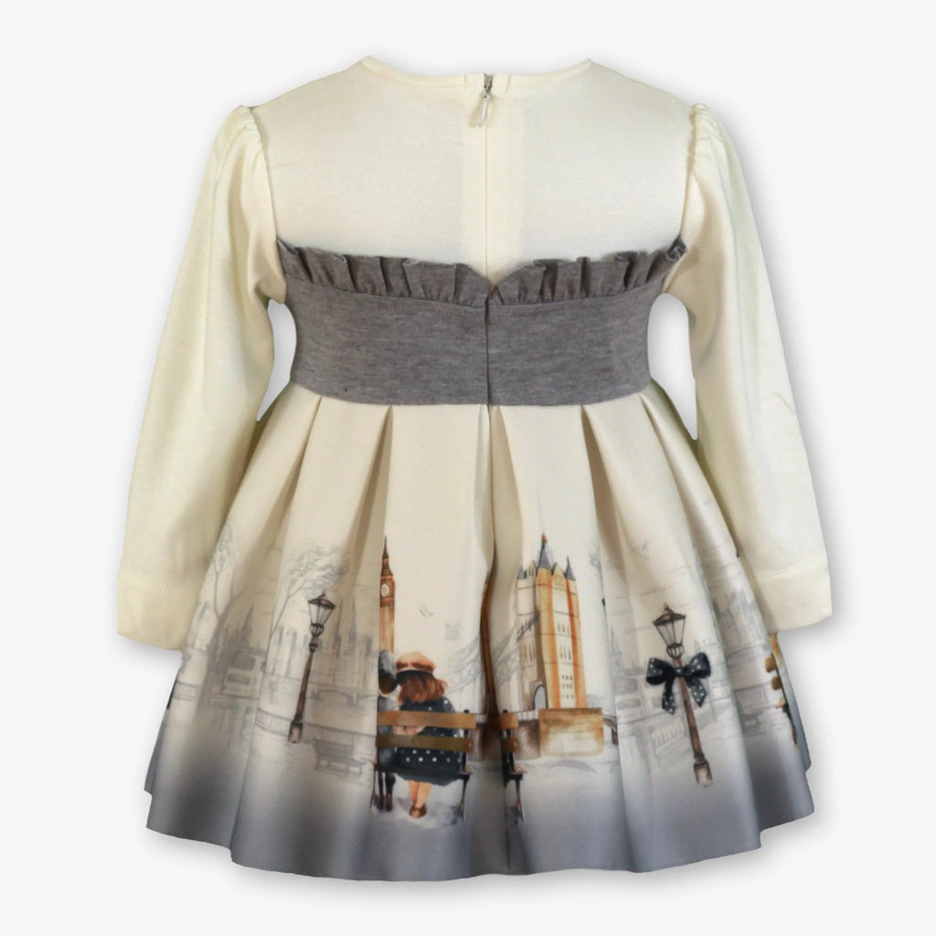 AW25 Miranda Baby Girls Cream & Grey London Scene Print Dress