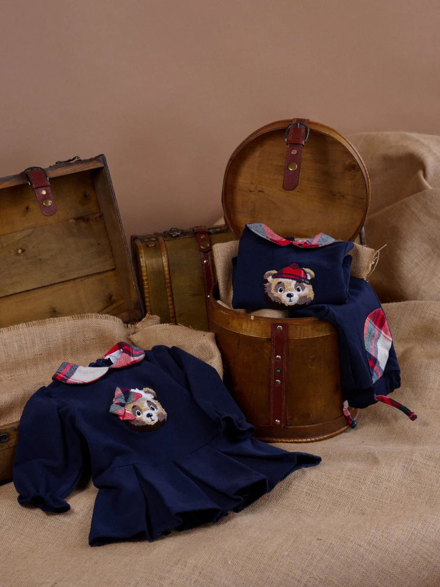 AW25 Deolinda Girls Navy Teddy Bear Dress with Tartan Print