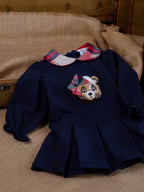 AW25 Deolinda Girls Navy Teddy Bear Dress with Tartan Print