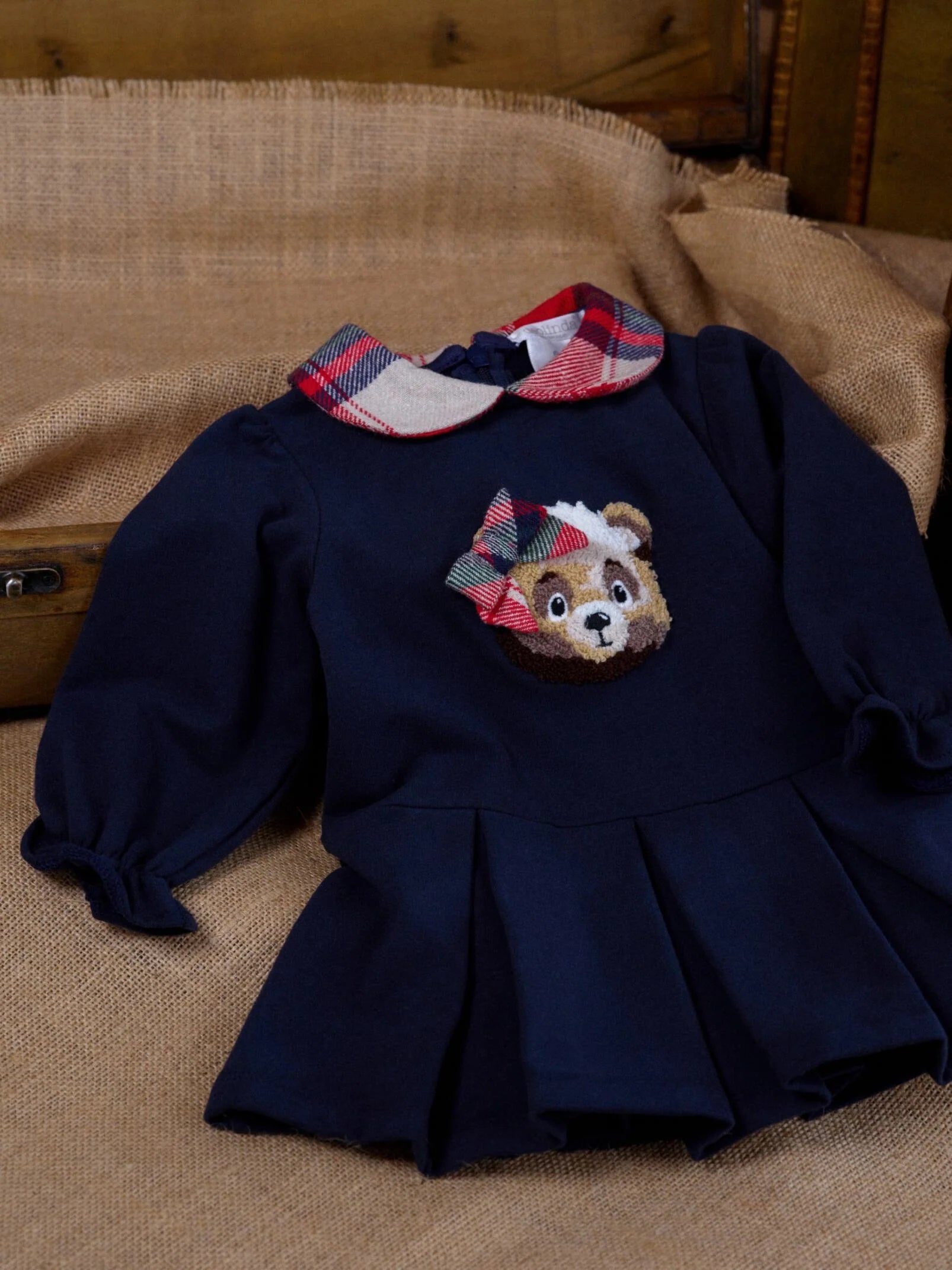 AW25 Deolinda Girls Navy Teddy Bear Dress with Tartan Print